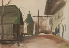 Ferdinand Kitt, Village view, mixed media on paper; framed