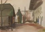 Ferdinand Kitt, Village view, mixed media on paper; framed