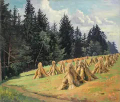 Hans Massmann, Stooks, oil on thin cardboard; framed