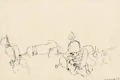 Caricature battle scene by Kurt Moldovan, 1964, India ink on Ingres paper; framed, offered Oct 2022