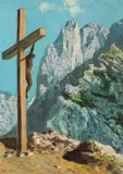 Karl Pancheri, Cross in the mountains, oil on hardboard; framed