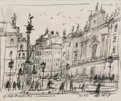 Hans Robert Pippal, Am Hof, charcoal on paper; framed