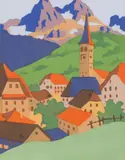 Robert A. Saurwein, Saalfelden, colour woodcut on paper; framed