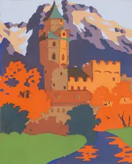 Robert A. Saurwein, Hall in Tirol" (Castl Hasegg with Münzerturm), colour woodcut on paper; framed