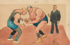 Fritz Schönpflug, Mixed lot: "Ringer" - seven works on paper, designs for postcards, 1906, India ink, watercolour on paper; framed