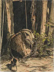Josef Stoitzner, Workshop with shoe and basket, c. 1945, black chalk, coloured chalk on thin cardboard; unframed