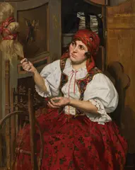 Hans Tschelan, Girl spinning, oil on panel; framed