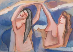 Kurt Weber, Bathers, watercolour, gouache on paper; framed