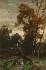 Ludwig Willroider, Forest path with figures, oil on cardboard; framed