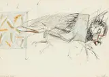 Tone Fink, Grille legt Eier, 1976, drawing in colour; framed