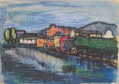 Hildegard Joos, Canal landscape, mixed media on paper; unframed
