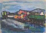 Hildegard Joos, Canal landscape, mixed media on paper; unframed