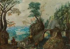 Mattheus Molanus, Woodland scenery with bridge and horse carriage, oil on copper