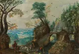 Mattheus Molanus, Woodland scenery with bridge and horse carriage, oil on copper