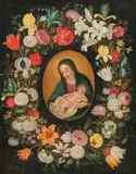 Jan Brueghel the Younger, Madonna with child in a wreath of flowers, c. 1625, oil on copper