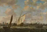 Abraham Storck, Sailing ships in front of a city (possibly Amsterdam), oil on canvas