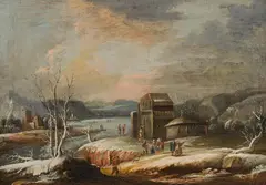 Daniel van Heil, Wintery river landscape with travelers, oil on canvas