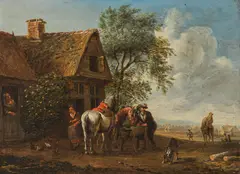 Cornelisz van Essen, Riders in front of a tavern, oil on panel