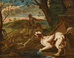 Abraham Hondius, Fox hunt with dogs and horseman, oil on panel