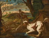 Abraham Hondius, Fox hunt with dogs and horseman, oil on panel