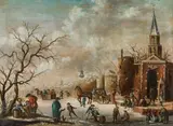 Jan Abrahamsz Beerstraaten, Lively winter landscape with fortification, oil on canvas