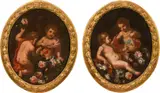 Abraham Brueghel, Two putti with blue blossom branch" and "Two putti with red roses" (counterparts), oil on canvas