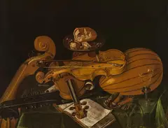 Still life with string instruments by Evaristo Baschenis, oil on canvas, sold Jun 2022