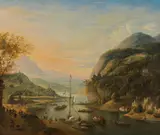 Jan Griffier I, River landscape with landing stage, oil on canvas