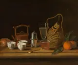 Pieter Gerritsz van Roestraten, Still life with Chinese porcelain, basket bottle and oranges, oil on canvas