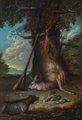 Wenzel Ignaz Brasch, A dog guarding its hunting prey, oil on panel