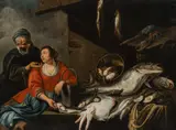 Adriaen van Utrecht, Market still life with fish and a couple, oil on canvas