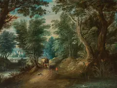 Jasper van der Lanen, Forest landscape with travellers, oil on copper