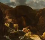 Frans de Momper, Rushing mountain river with broken wooden bridge, oil on canvas
