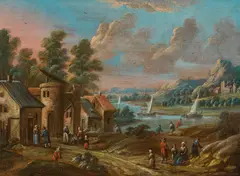 Marc Baets, Village at a river with figural staffage, oil on panel