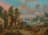 Marc Baets, Village at a river with figural staffage, oil on panel