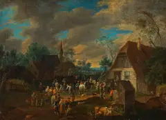 Mathys Schoevaerdts, Village square with market hustle and bustle, oil on canvas