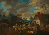 Mathys Schoevaerdts, Village square with market hustle and bustle, oil on canvas
