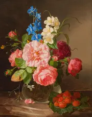Andreas Lach, Floral still life with strawberries, 1864, oil on canvas