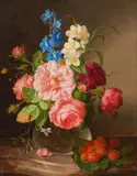 Andreas Lach, Floral still life with strawberries, 1864, oil on canvas