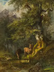 Friedrich Gauermann, Forest landscape with two deer at the pond, 1833, oil on panel