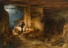 Friedrich Gauermann, Farmer's shack with cattle rushing in, 1843, oil on panel