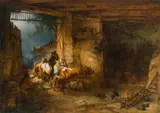 Friedrich Gauermann, Farmer's shack with cattle rushing in, 1843, oil on panel