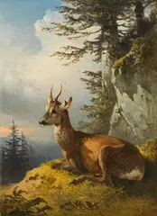 Friedrich Gauermann, Lying roebuck, oil on panel