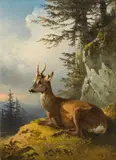 Friedrich Gauermann, Lying roebuck, oil on panel