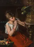 August Wilhelm Rösler, Girl with parrot playing the flute, oil on canvas