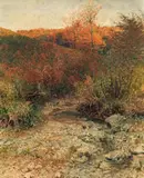 Jindřich Tomec, Forest landscape in autumn, 1908, mixed media on paper on canvas