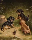 Carl Reichert, Three dachshunds with stag beetle