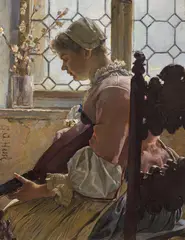 Gustav August Hessl, Girl playing music at the window, oil on panel