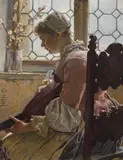 Gustav August Hessl, Girl playing music at the window, oil on panel