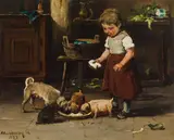Mihály von Munkácsy, Small girl with family of dogs, 1877, oil on panel